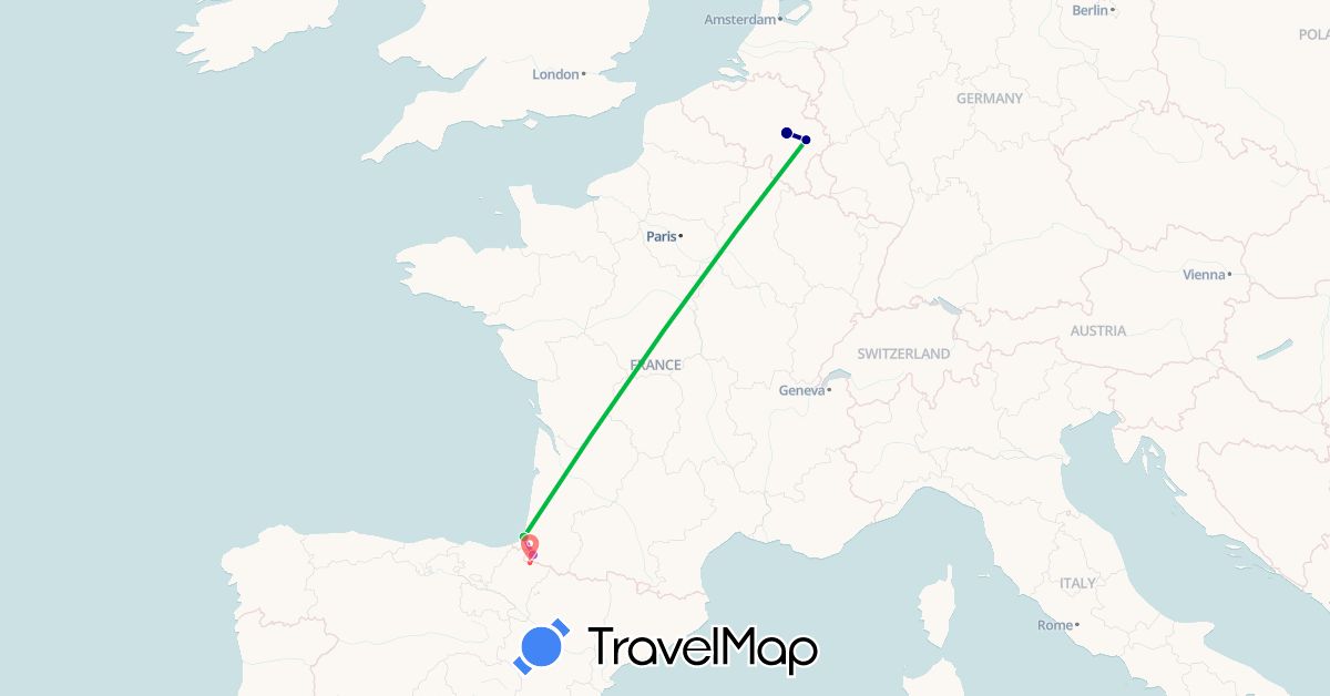 TravelMap itinerary: driving, bus, train, hiking in Belgium, Spain, France (Europe)